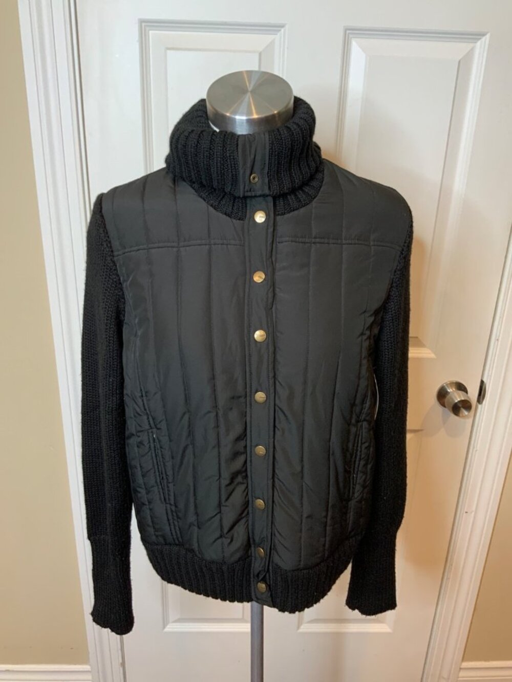 BCBG Max Azria Black Quilted Button-Up Jacket Wool Rib Knit Sleeves, Size L